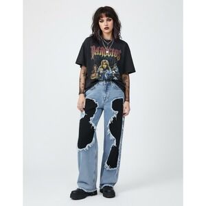You Wanna Jeans Women M Blue Black Patchwork Distressed Hi Rise Wide Leg Grunge